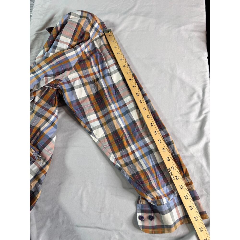 Robert Talbott Shirt Mens Large 100% Cotton Plaid Button Up Blue Brown Orange - Picture 9 of 9